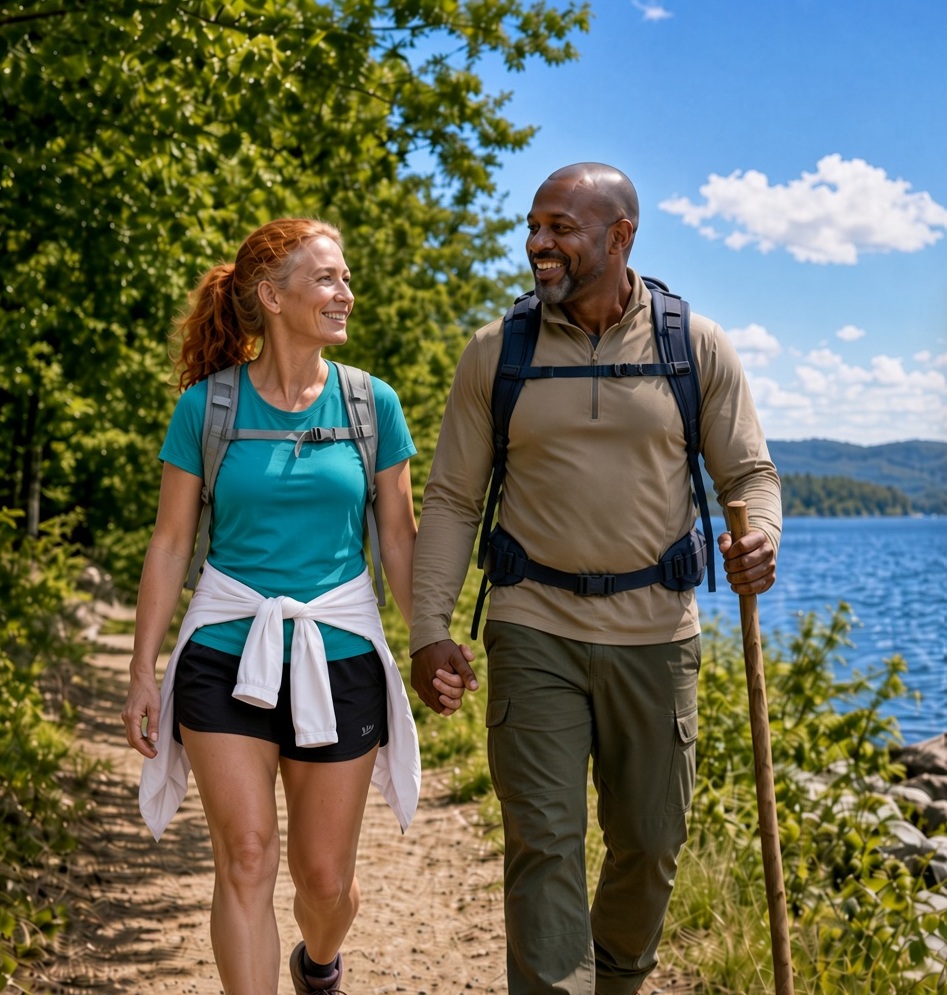 Happy couple reviewing Medicare options with an agent